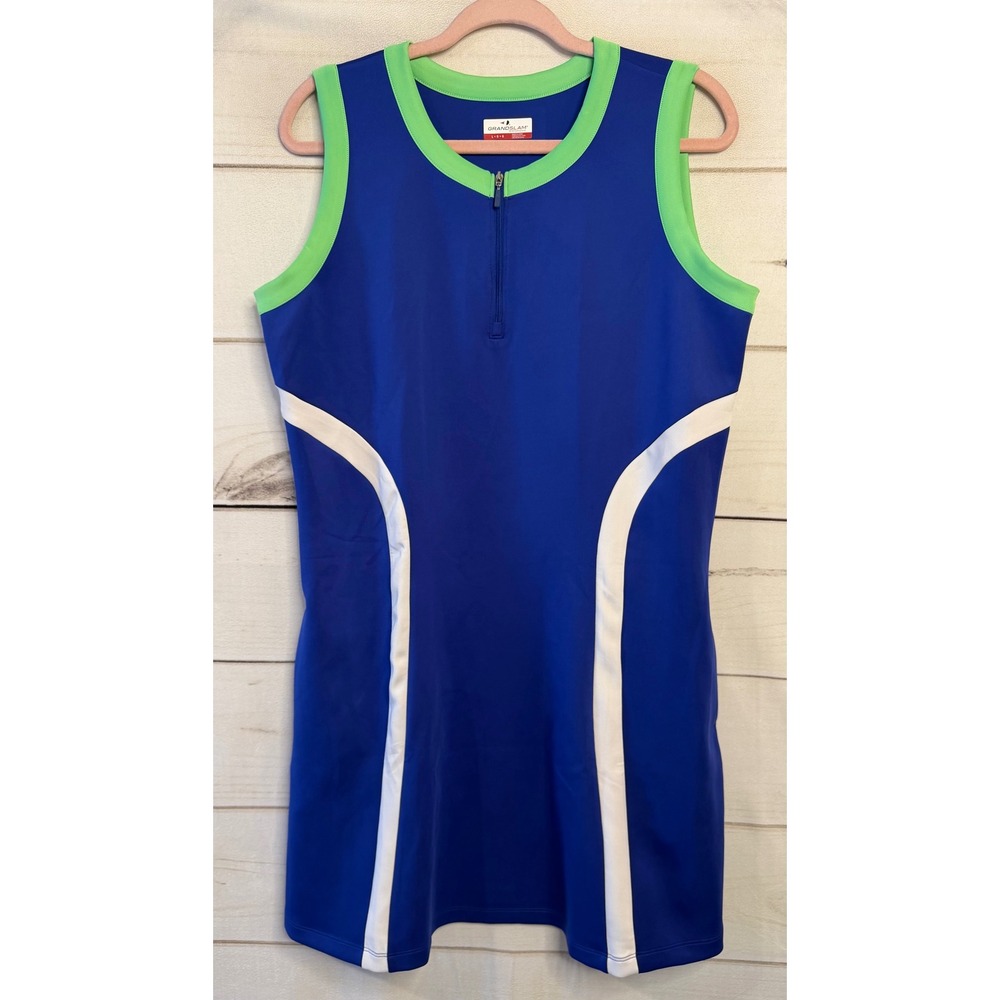 Blue Sleeveless Mini Dress with Green Trim and White Accents
